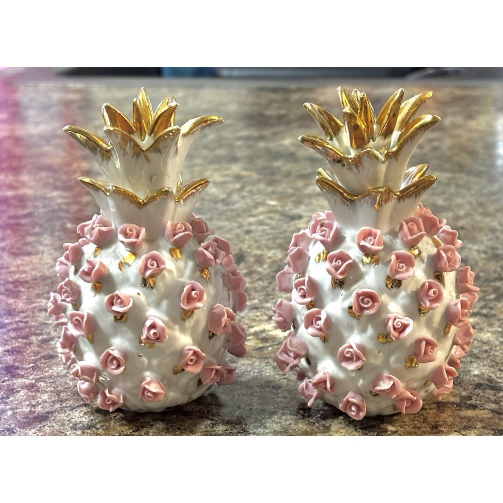 vintage Lefton pineapple vases with the cork stoppers on top